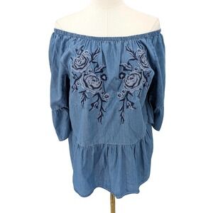 Boho Off Shoulder Embroidered Chambray Tunic Relaxed Festival Denim Top Size‎ L